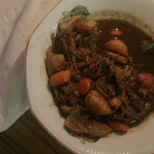 bowl of apple cider braised roast
