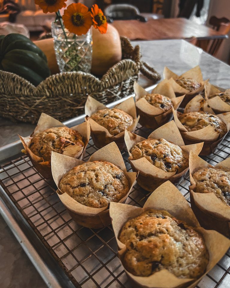 Banana Flax Sourdough Muffins with coffee angle lower