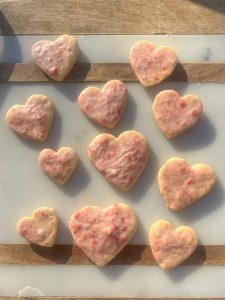 Heart Shaped Shortbread Cookies with Strawberry Speckled Glaze